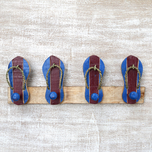 Flip Flops in Maroon and Blue Hand Carved Wood Coat Rack Agel Grass from Indonesia