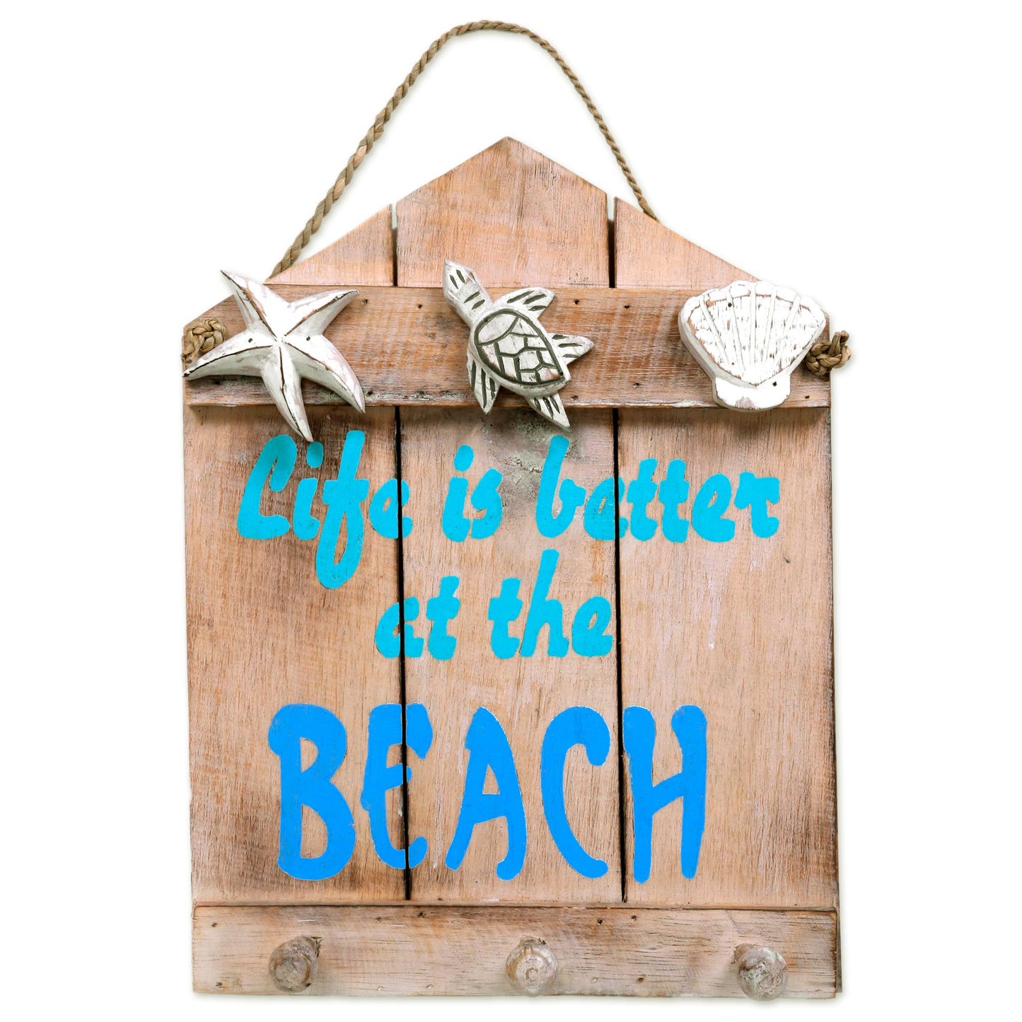 Life is Better at the Beach Beach and Nautical Distressed Wood Coat Rack from Indonesia