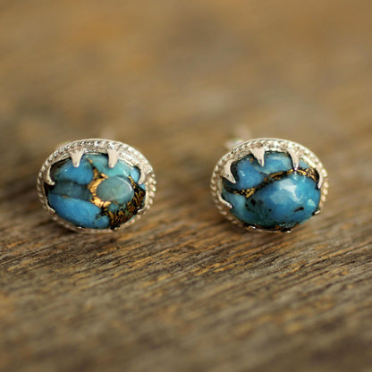 Morning in Blue Oval Turquoise & Silver Button Earrings