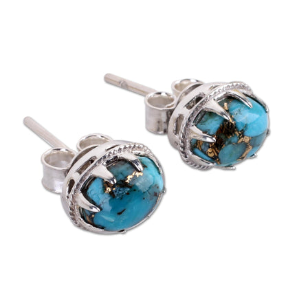 Morning in Blue Oval Turquoise & Silver Button Earrings