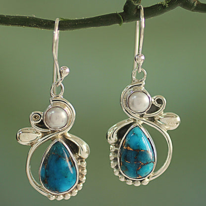 Joyous Blue Sky Silver 925 Cultured Pearl and Composite Turquoise Earrings