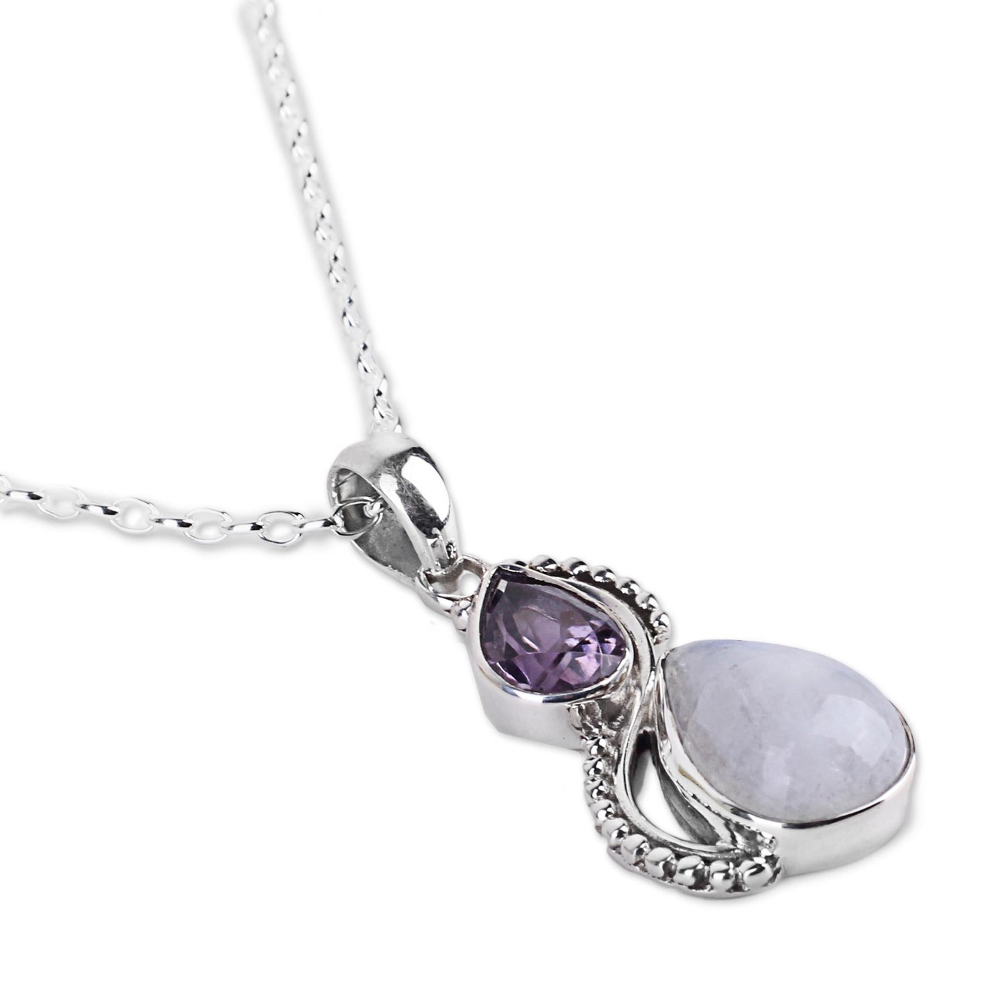 Two Teardrops Amethyst Moonstone Pendant Necklace