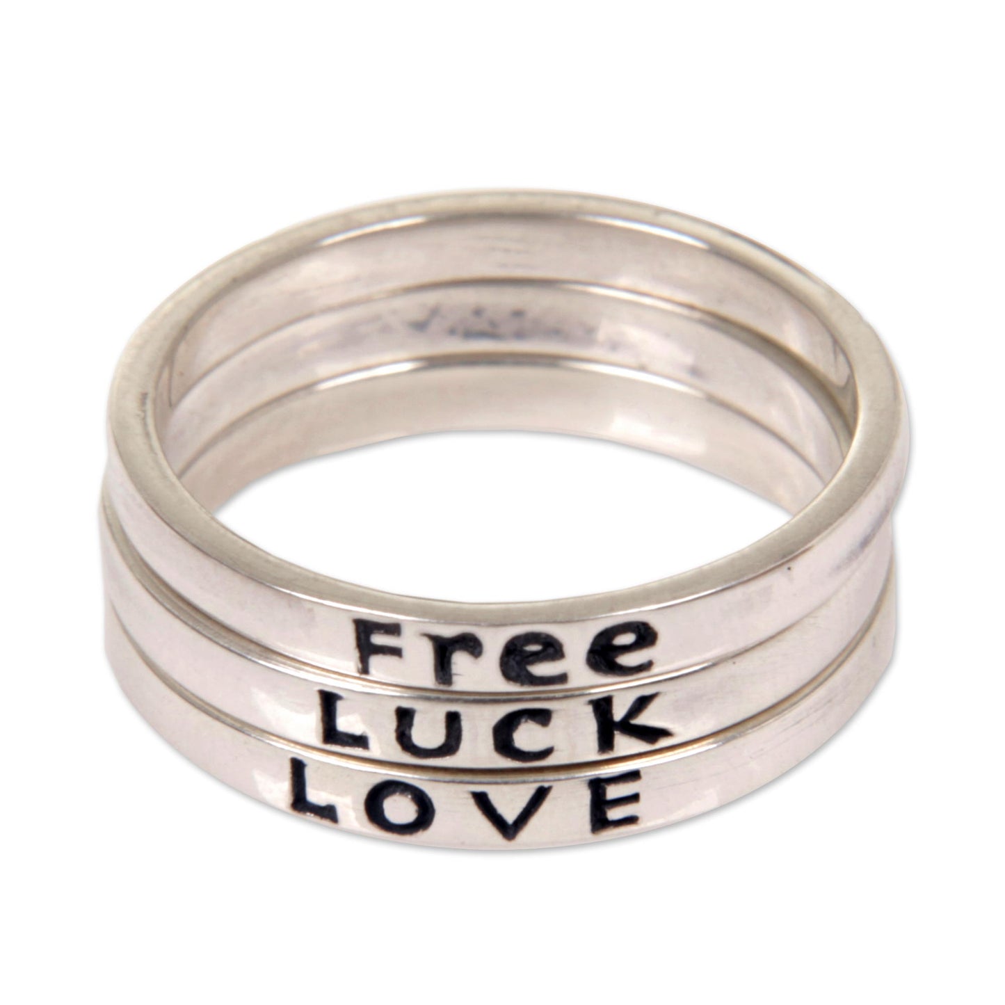 Free Luck Love Balinese Inspirational Silver Stacking Rings (Set of 3)