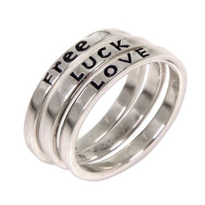 Free Luck Love Balinese Inspirational Silver Stacking Rings (Set of 3)