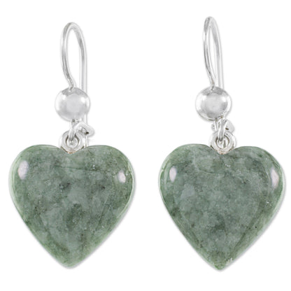 Mayan Heart in Green Green Heart Shaped Jade Silver Dangle Earrings Guatemala