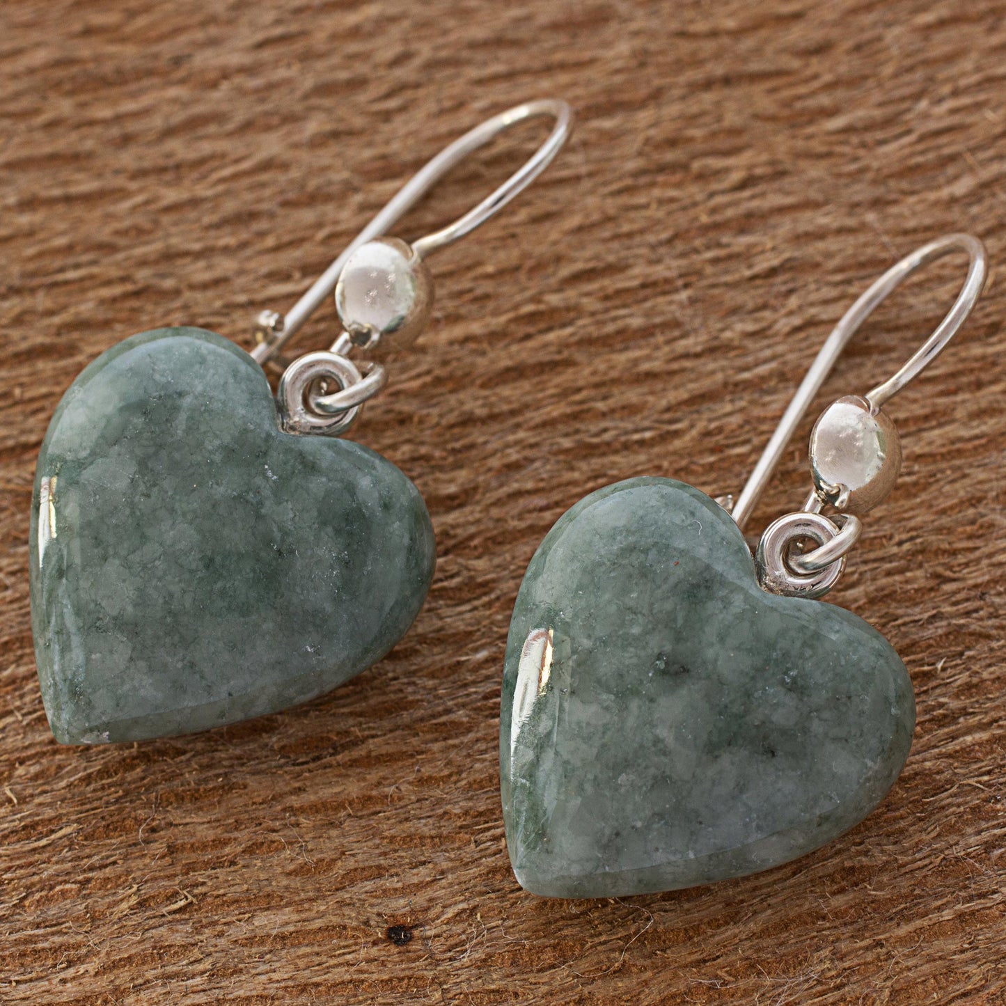 Mayan Heart in Green Green Heart Shaped Jade Silver Dangle Earrings Guatemala