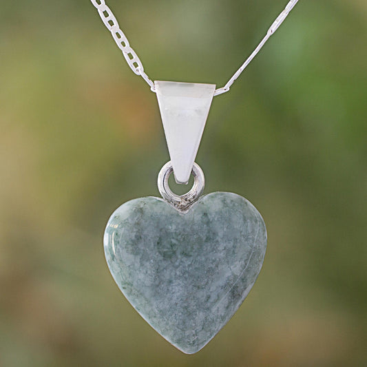 Mayan Heart in Light Green Jade & Silver Necklace