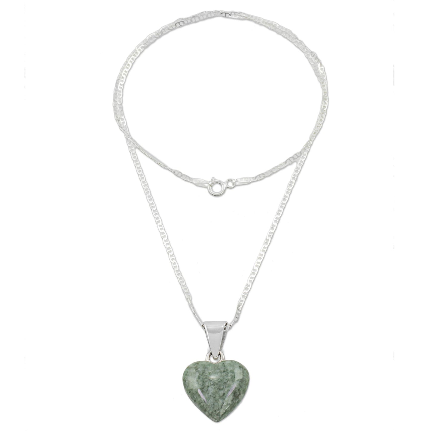 Mayan Heart in Light Green Jade & Silver Necklace