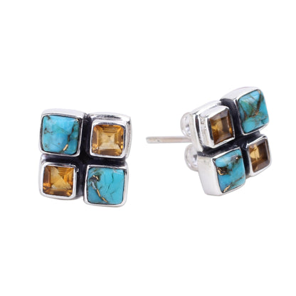 Harmonious Sky Citrine and Blue Composite Turquoise Button Earrings