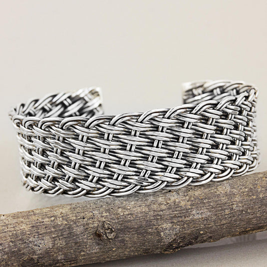 Hill Tribe Basketweave Thai Handcrafted Woven Sterling Silver Cuff Bracelet