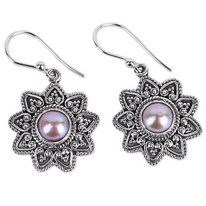 Passionate Flower Cultured Pearl Sterling Silver Dangle Earrings from India