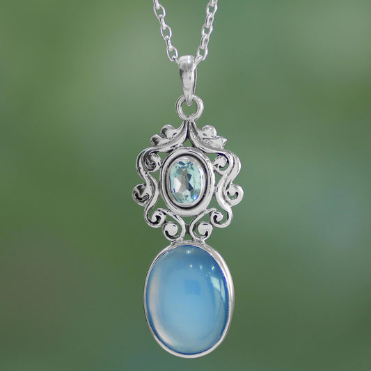 Harmonious Blue Handcrafted Blue Chalcedony and Topaz Pendant Necklace