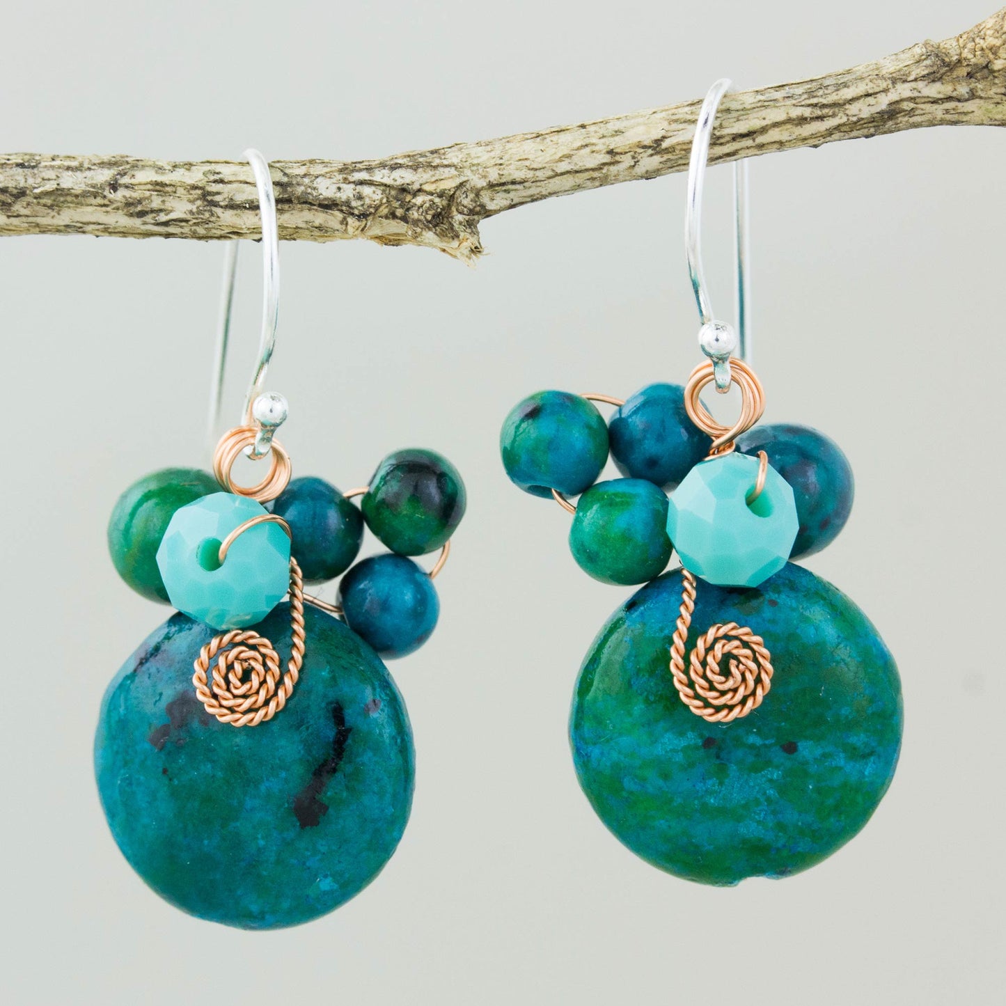 Moonlight Garden in Teal Teal Serpentine and Glass Bead Dangle Earrings with Copper