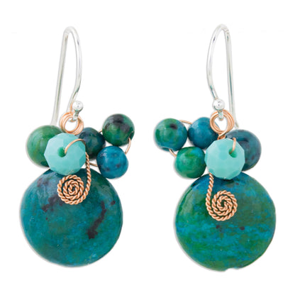 Moonlight Garden in Teal Teal Serpentine and Glass Bead Dangle Earrings with Copper