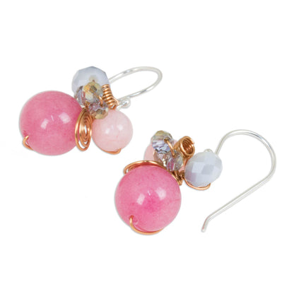 Pink Bubbles Pink Quartz and Glass Bead Dangle Earrings with Copper