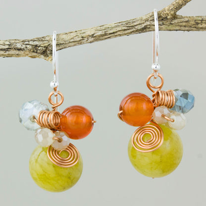 Citron Bubbles Green Quartz and Carnelian Dangle Earrings with Copper