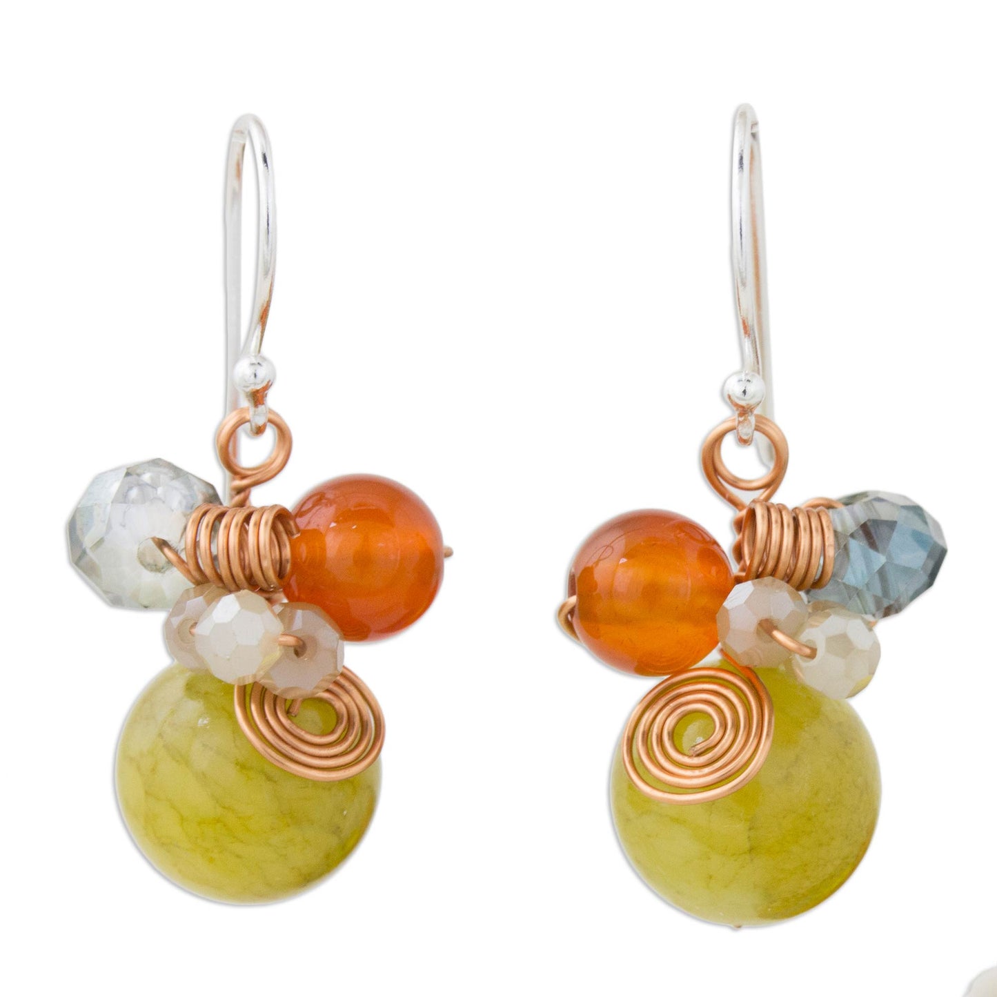 Citron Bubbles Green Quartz and Carnelian Dangle Earrings with Copper