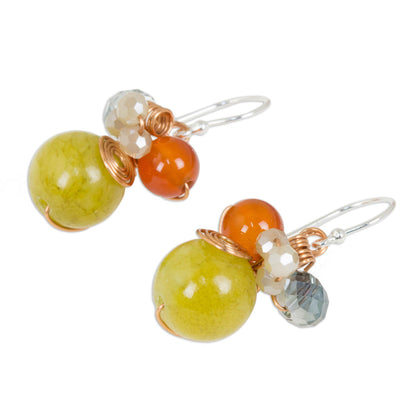 Citron Bubbles Green Quartz and Carnelian Dangle Earrings with Copper