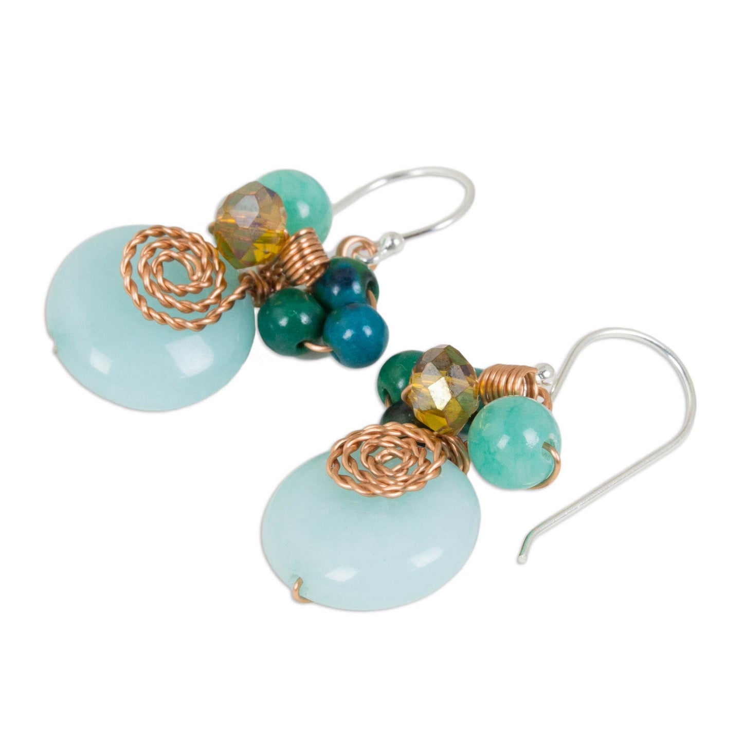 Moonlight Garden in Aqua Serpentine Quartz and Glass Bead Dangle Earrings with Copper