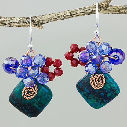 Natural Beauty in Teal Square Serpentine and Glass Bead Dangle Earrings with Copper
