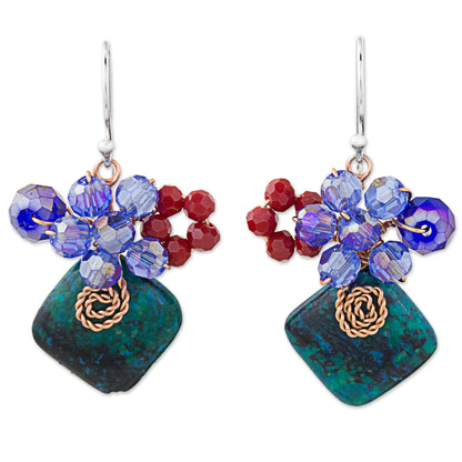 Natural Beauty in Teal Square Serpentine and Glass Bead Dangle Earrings with Copper