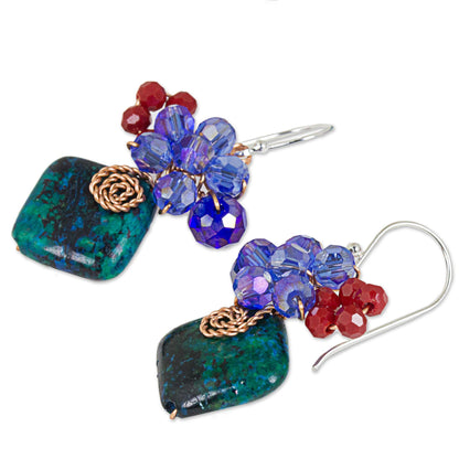 Natural Beauty in Teal Square Serpentine and Glass Bead Dangle Earrings with Copper