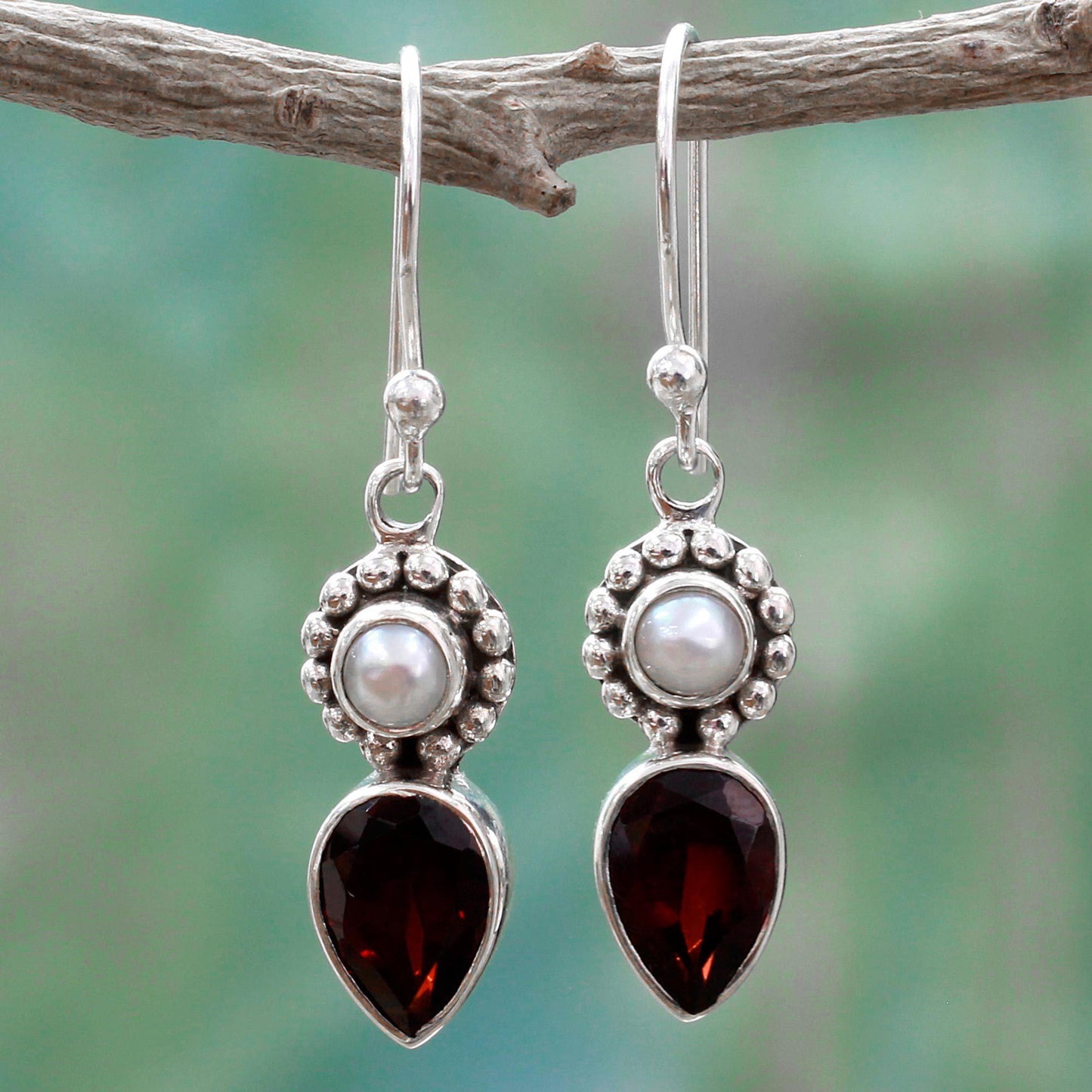 Garnet & Pearl Tear Dangle Earrings