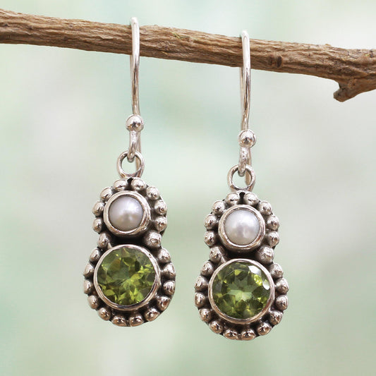 Kolkata Sparkle Petite Peridot and Cultured Pearl Silver Dangle Earrings