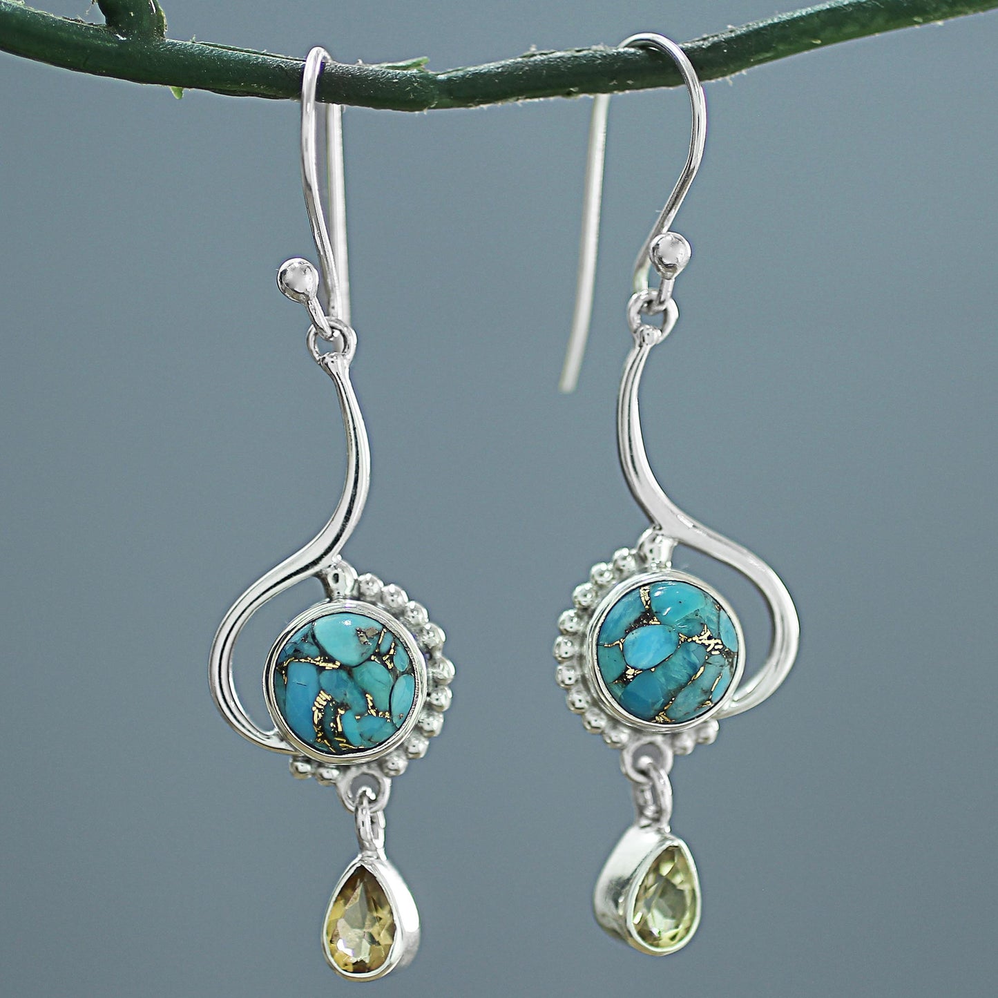 Sunny Splendor Sterling Silver Composite Turquoise Dangle Earrings India