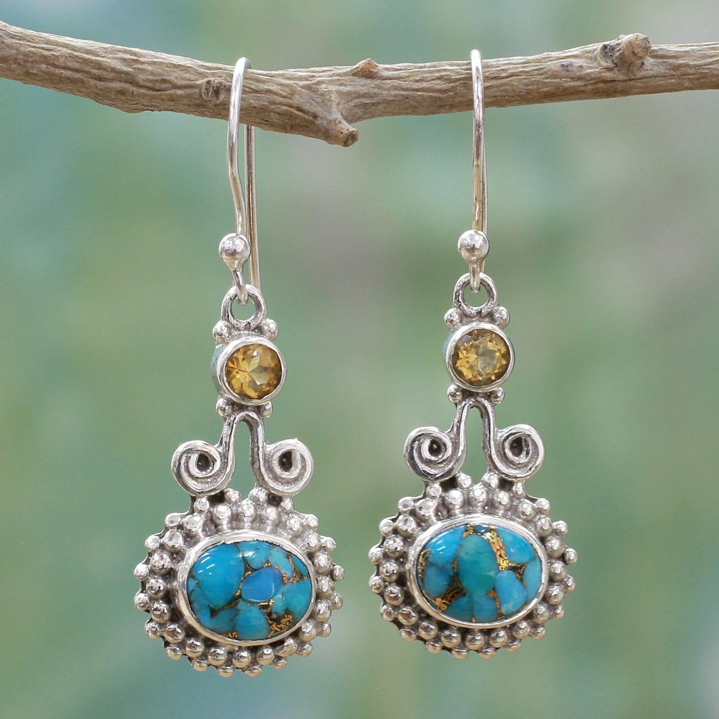 Dream Drops Citrine and Composite Turquoise Earrings Handmade in India