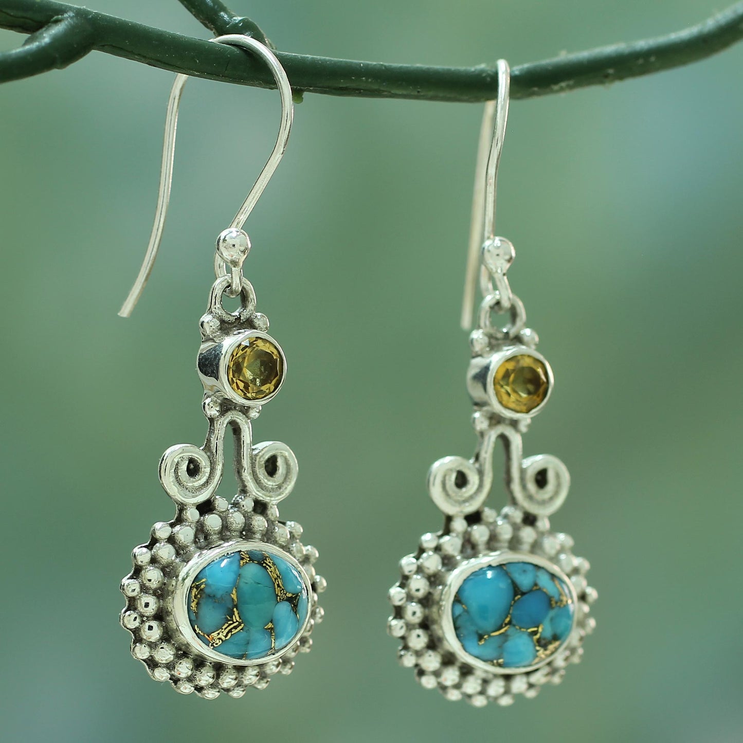 Dream Drops Citrine and Composite Turquoise Earrings Handmade in India