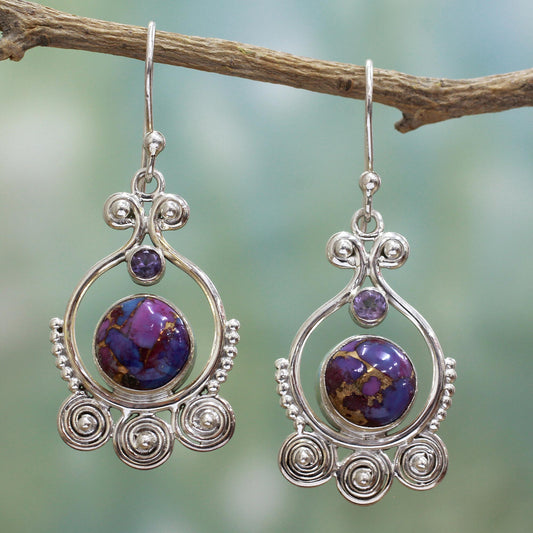 Exotic Swirls Purple Amethyst Sterling Silver Earrings Handcrafted India