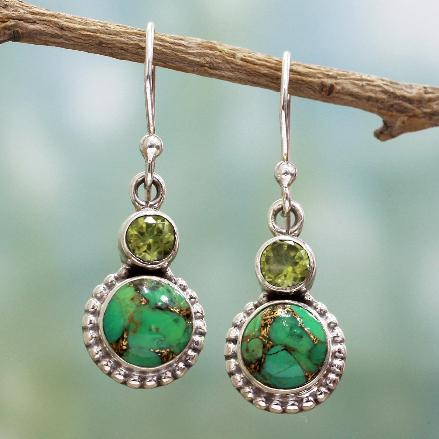 Forest Floor Peridot, Composite Turquoise, and Sterling Silver Earring