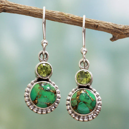 Forest Floor Peridot, Composite Turquoise, and Sterling Silver Earring