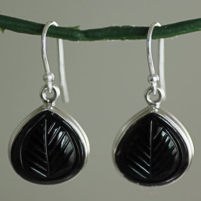 Betel Leaf Hand Made Sterling Silver Onyx Dangle Earrings from India