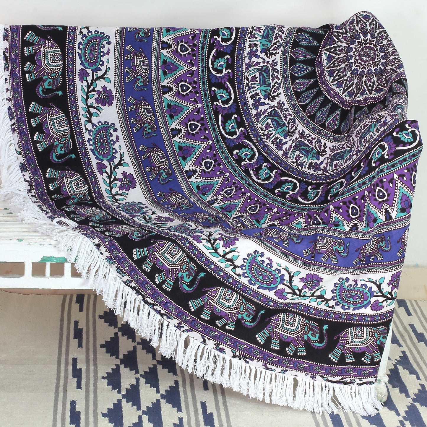 Beauty of Nature Mandala Indian Cotton Mandala Roundie with Elephant Design