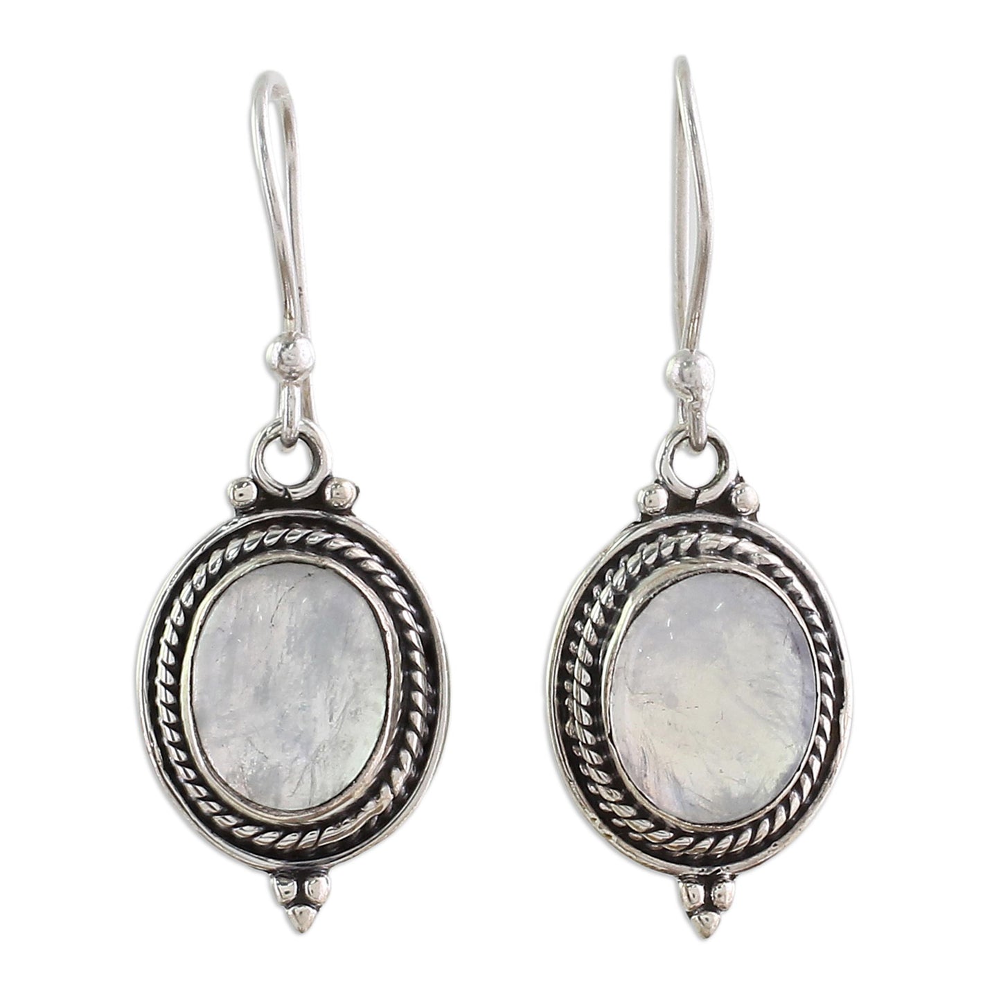 Moonlit Charm Sterling Silver Rainbow Moonstone Dangle Earrings India