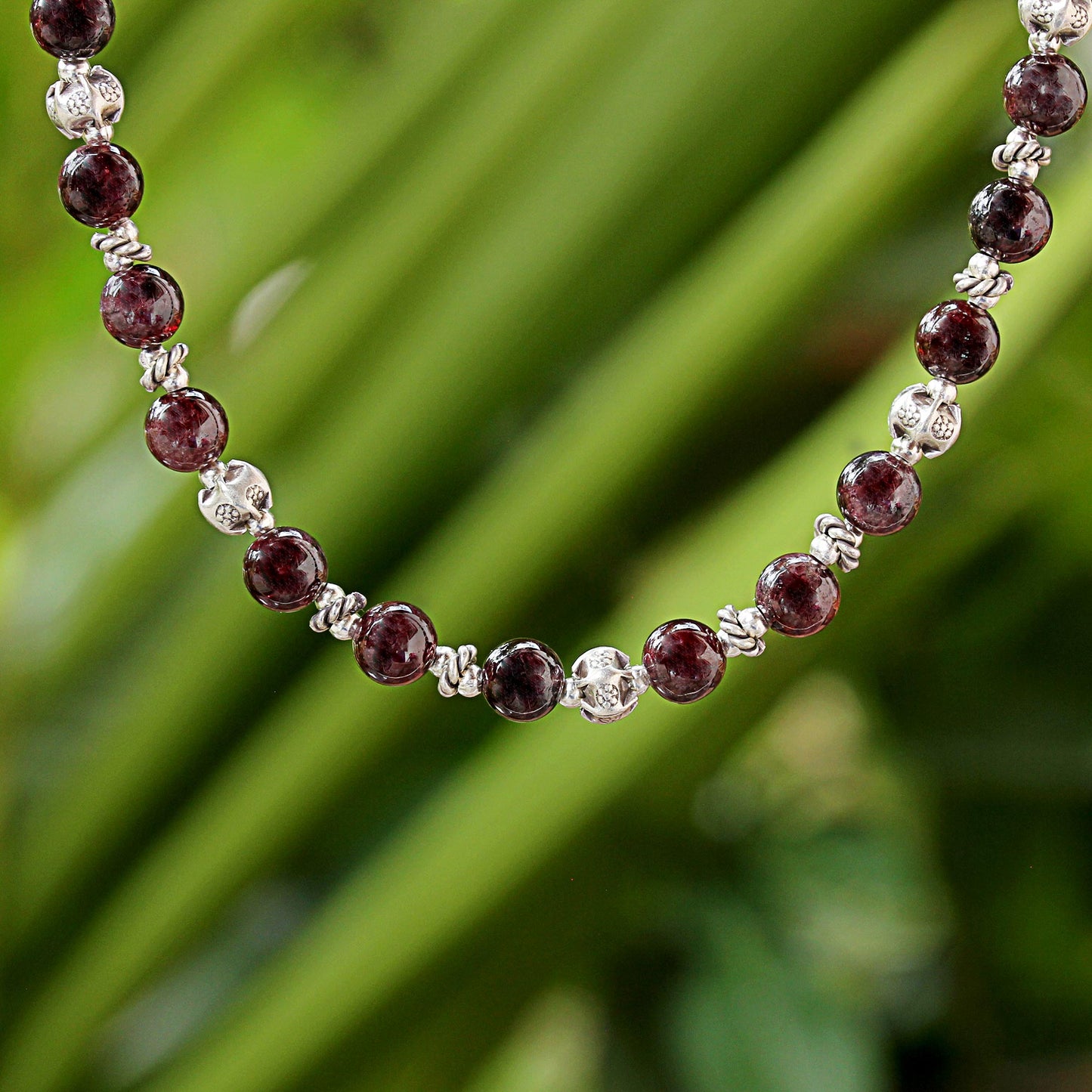 Simple Grace Garnet and 950 Silver Beaded Necklace from Thailand