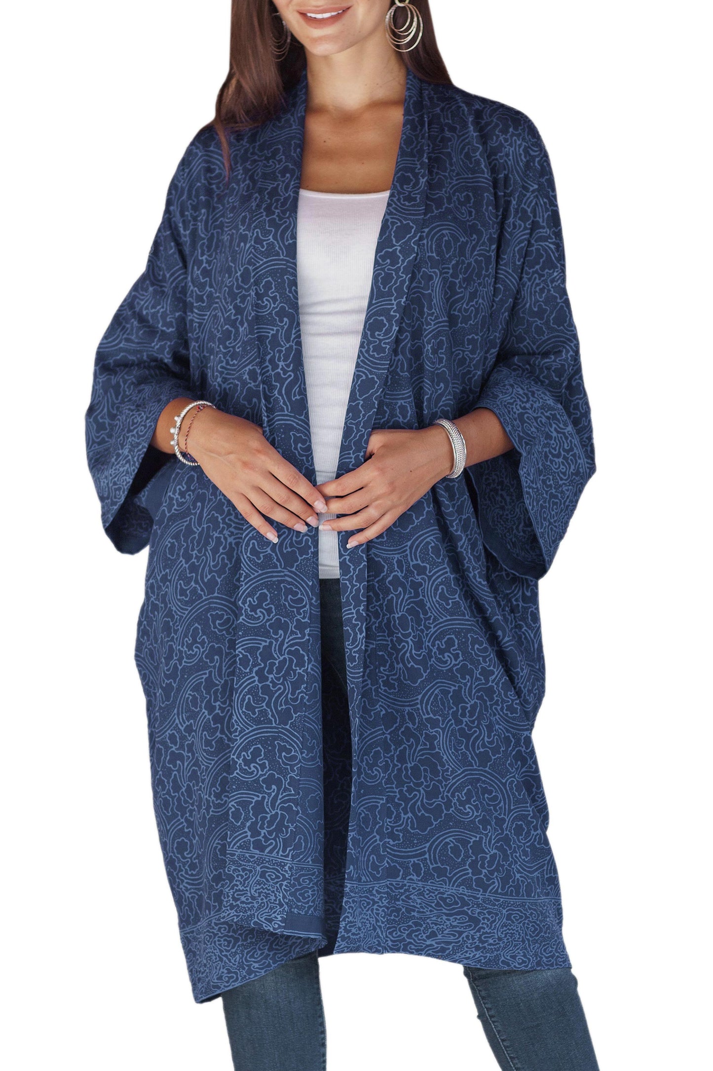 Indigo Garden Hand Stamped Batik Flowers on Short Rayon Robe from Bali