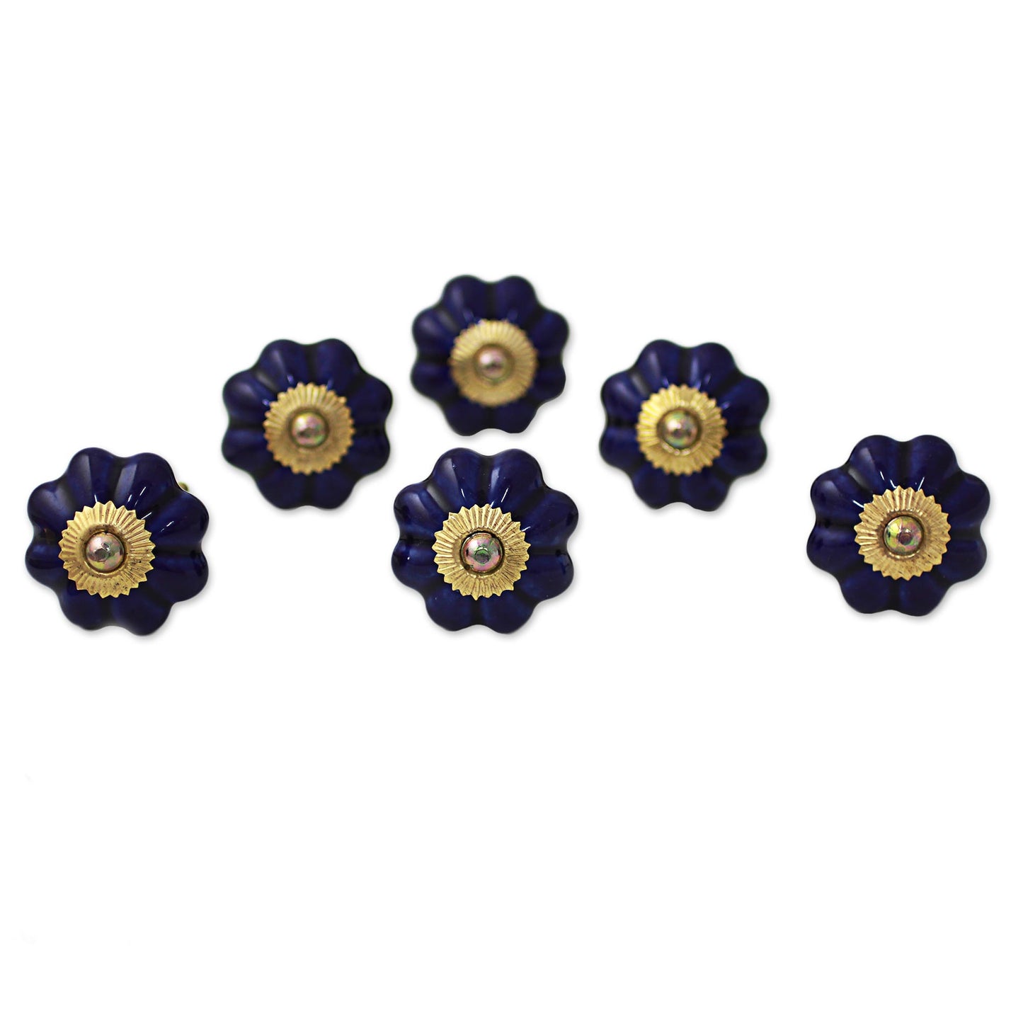 Floral Beauties in Indigo Hand Made Ceramic Cabinet Knobs Floral Blue (Set of 6) India