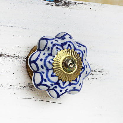 Radiant Blue Flowers Ceramic Brass Cabinet Knobs Floral (Set of 6) from India