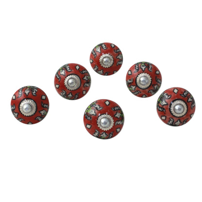 Charming Red Flowers Ceramic Cabinet Knobs Floral Red (Set of 6) from India