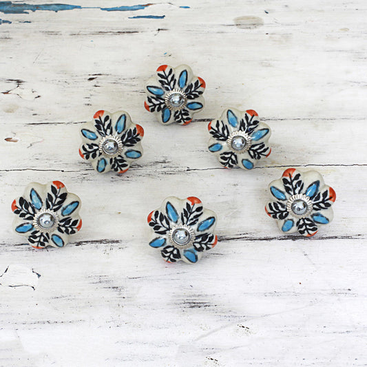 Multicolored Flower Harmony Hand Made Ceramic Cabinet Knobs Floral (Set of 6) India