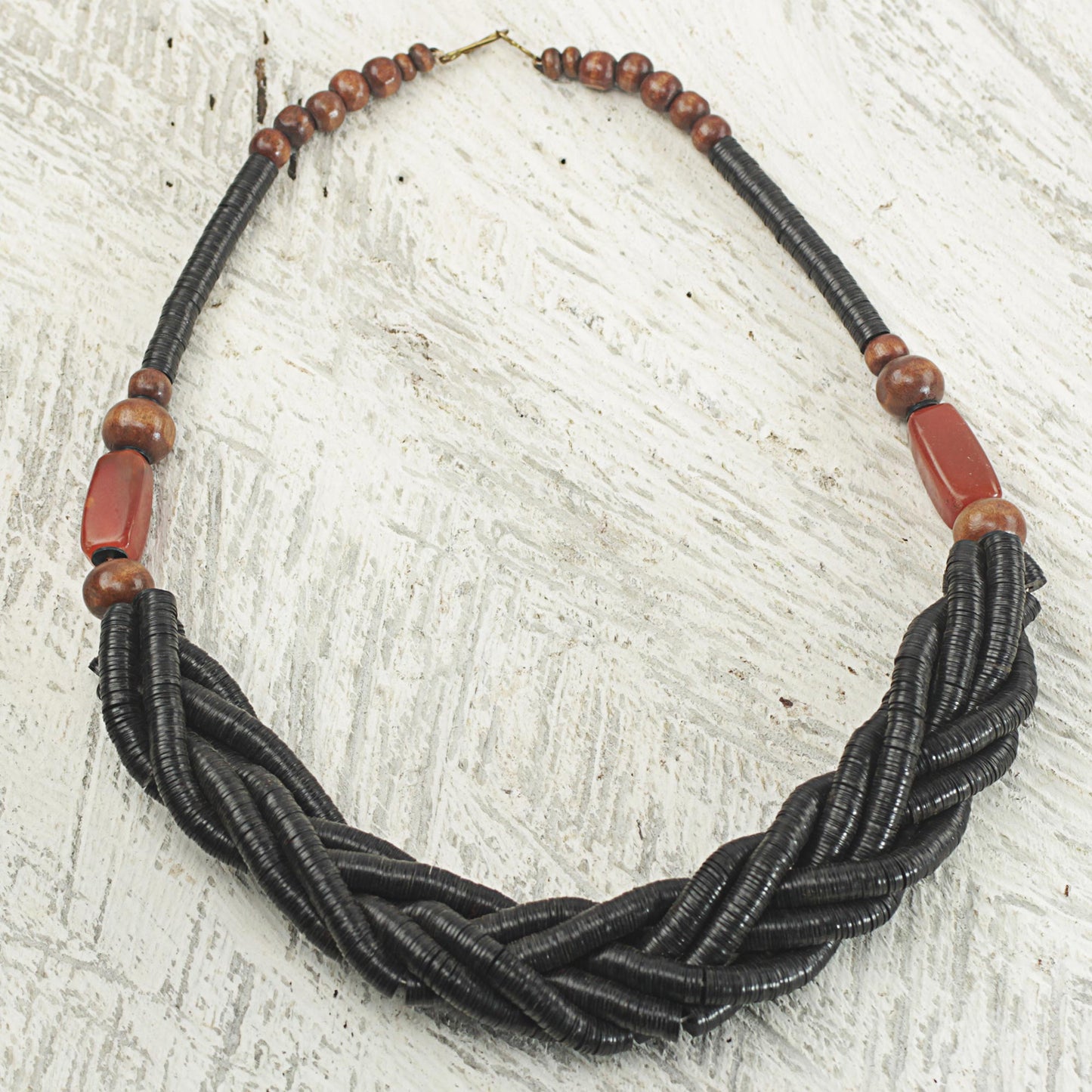 Sosongo in Black Handcrafted Black Braided Bead Necklace with Wood and Agate