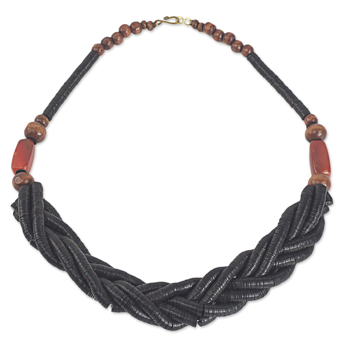 Sosongo in Black Handcrafted Black Braided Bead Necklace with Wood and Agate