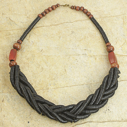 Sosongo in Black Handcrafted Black Braided Bead Necklace with Wood and Agate