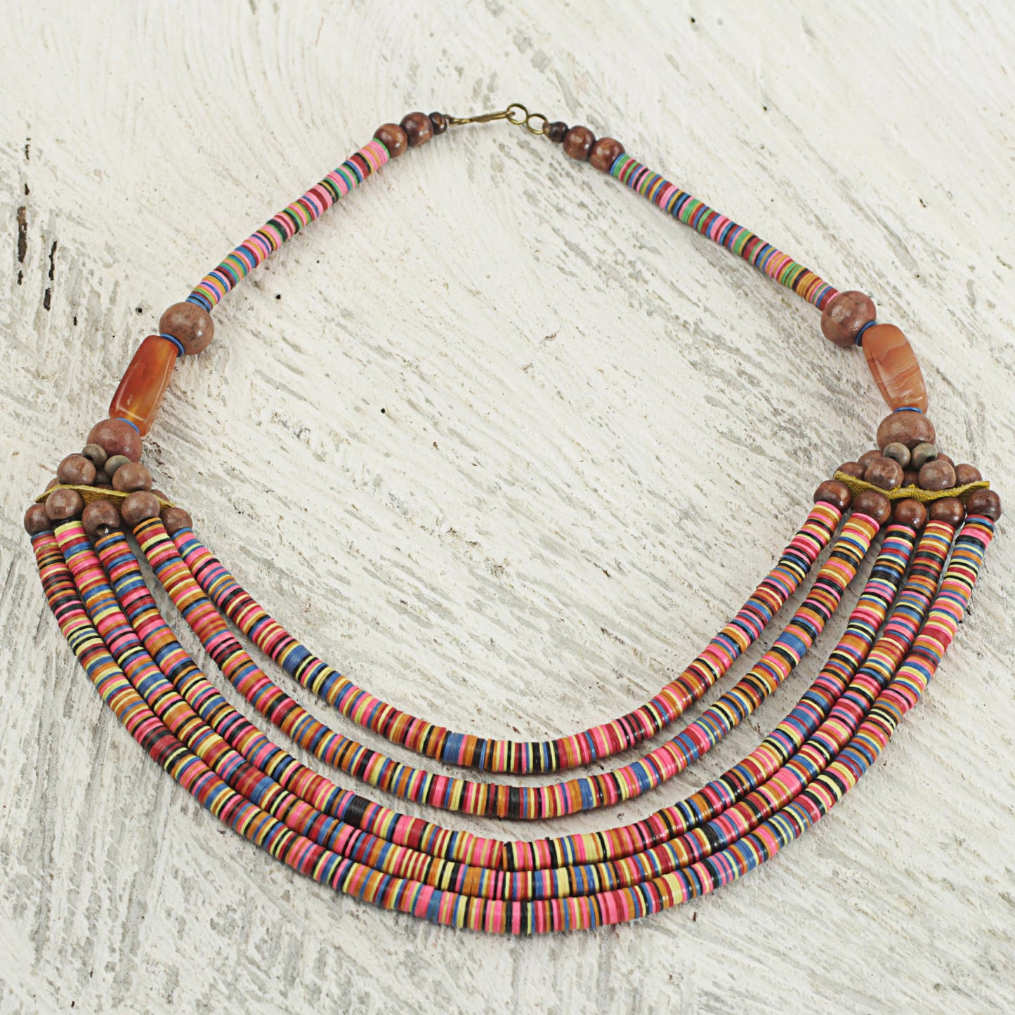 Multicolor Wend Panga Artisan Multicolor Bead Necklace with Wood Agate and Leather