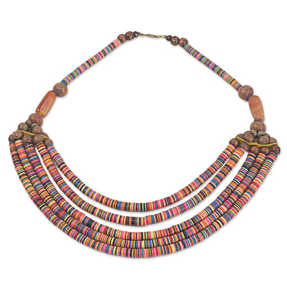 Multicolor Wend Panga Artisan Multicolor Bead Necklace with Wood Agate and Leather