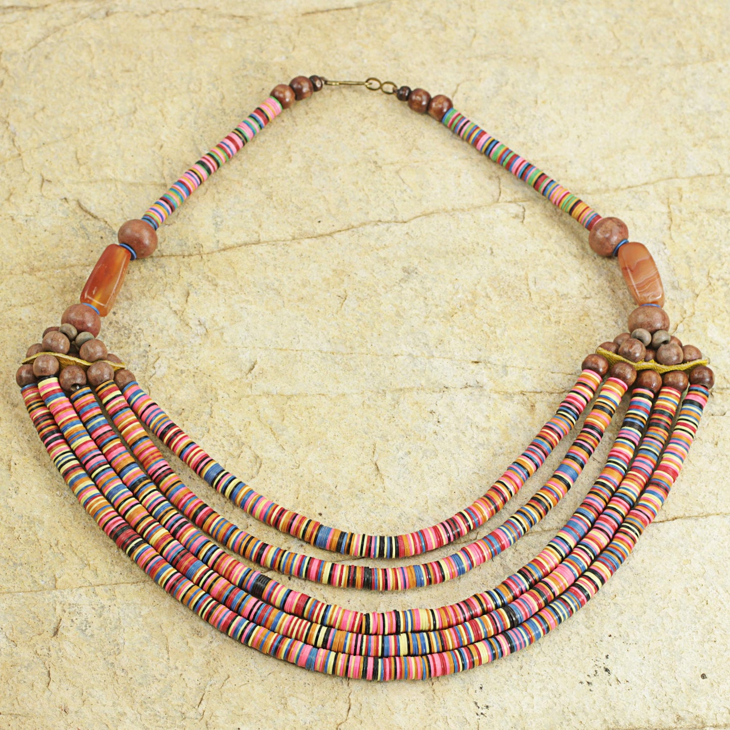 Multicolor Wend Panga Artisan Multicolor Bead Necklace with Wood Agate and Leather