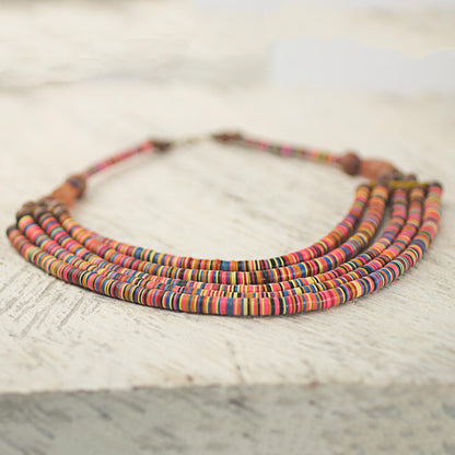 Multicolor Wend Panga Artisan Multicolor Bead Necklace with Wood Agate and Leather